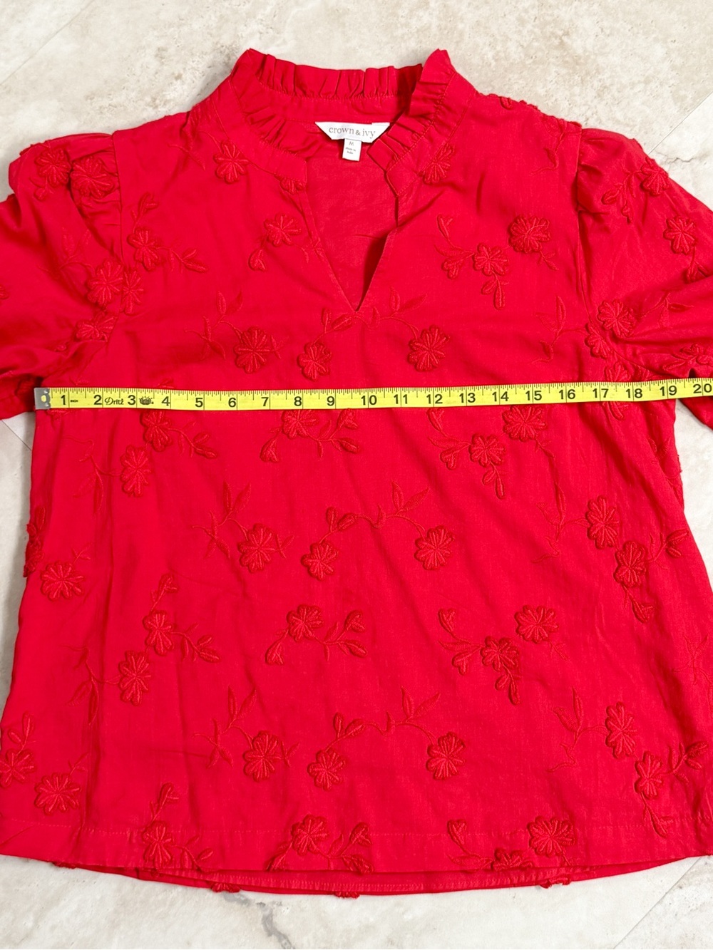 Crown & Ivy Red Embroidered Floral Blouse Medium Cotton Puff Sleeve Boho Top - Picture 4 of 7